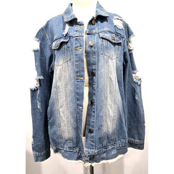 Denim Jean Jacket Distress Trucker Between Us Blue Jean Light Wash Destroyed S/M - Picture 1 of 7